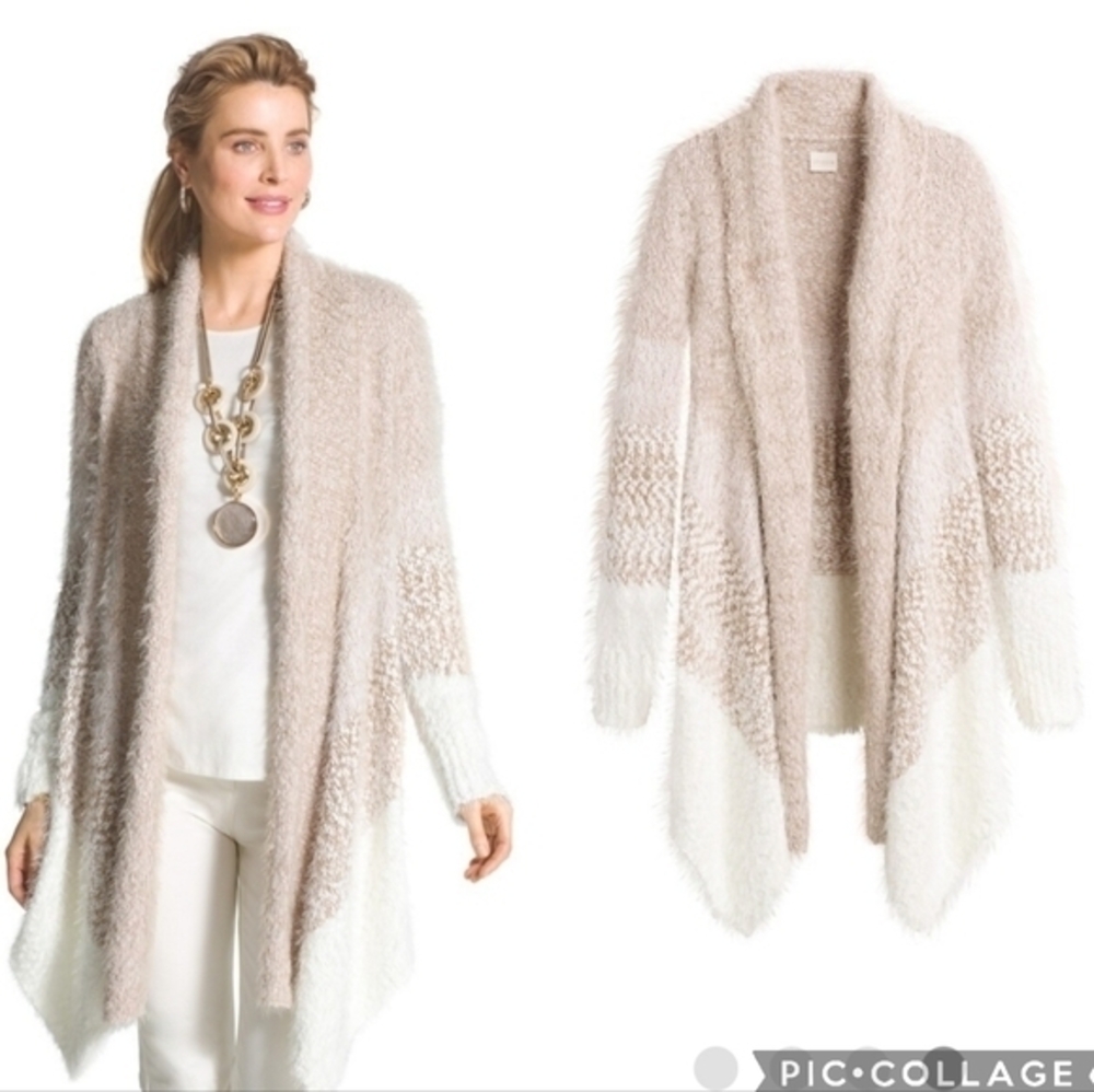 Chico’s Cozy Texture Pippa Cardigan Eyelash Knit Asymmetric Hem Longline Size M‎
